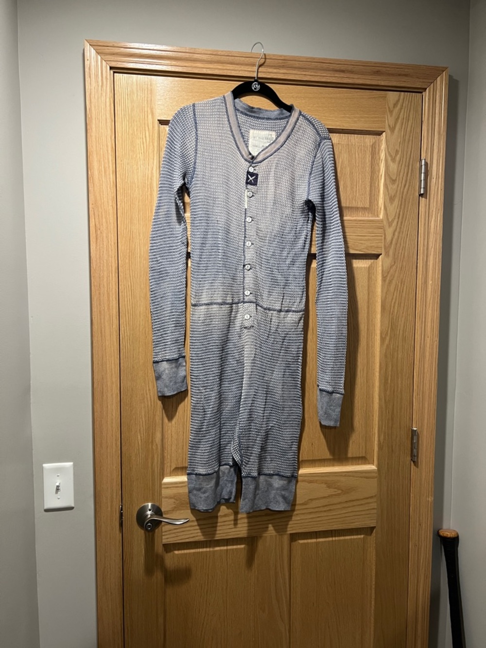We The Free Waffle-Knit Button Henley onesey in Gray and Navy Trim